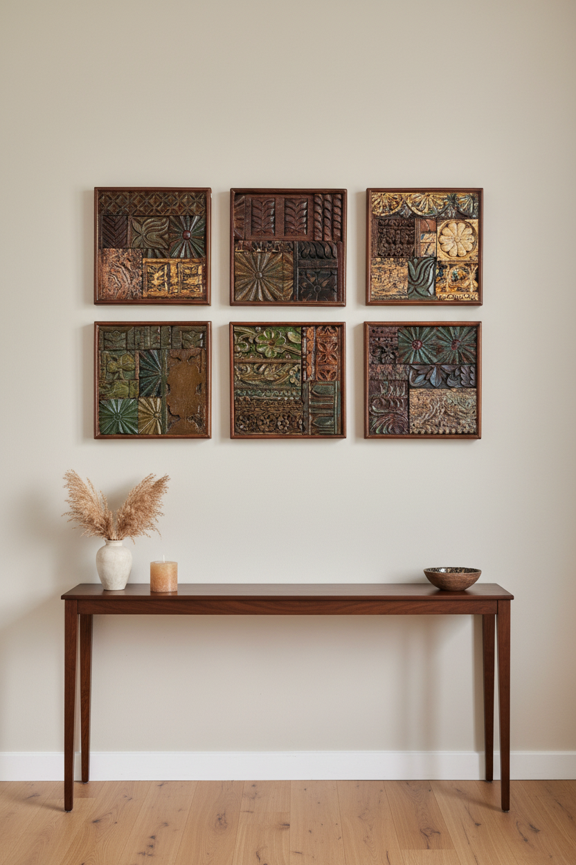 Decorative wall art panels above a wooden console table with a vase and candle.